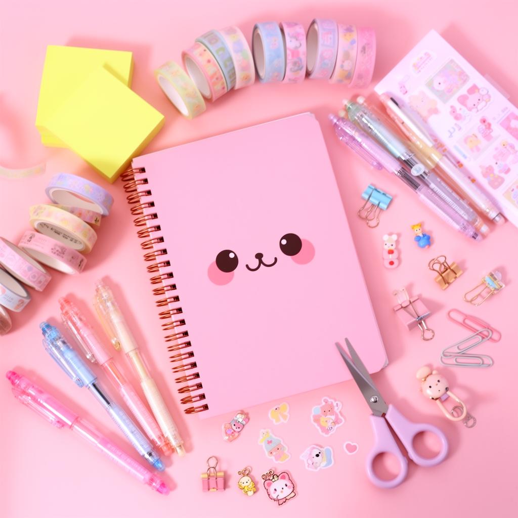 Mesa cheia de papelaria fofa: cadernos kawaii, washi tapes, canetinhas e adesivos